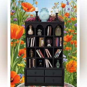 Black Bookshelf with Decorative Items